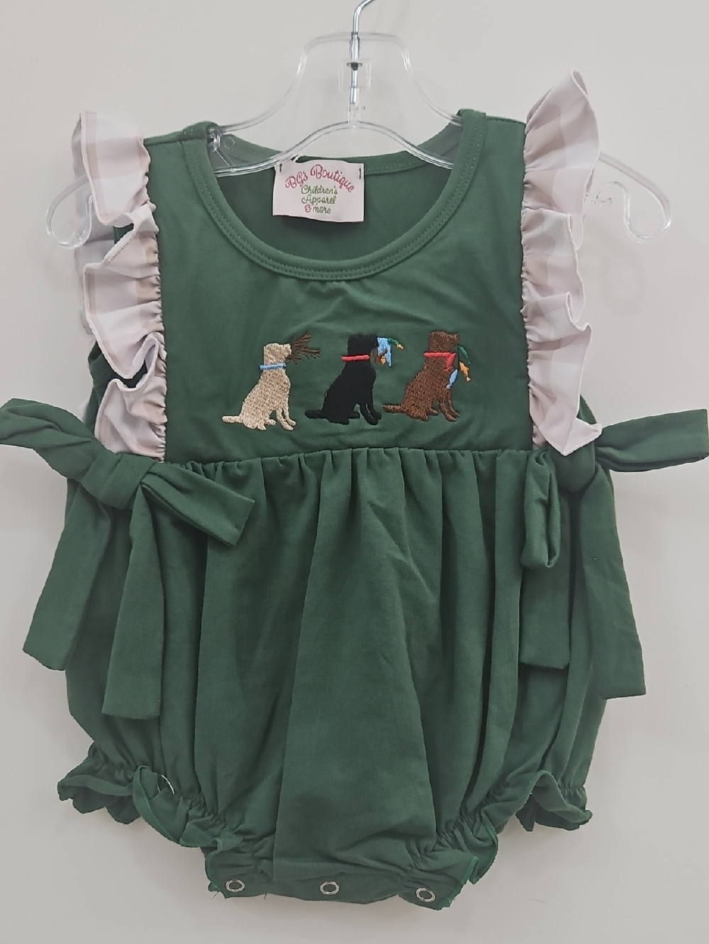Green Ruffle Baby Bubble with Embroidered Puppies